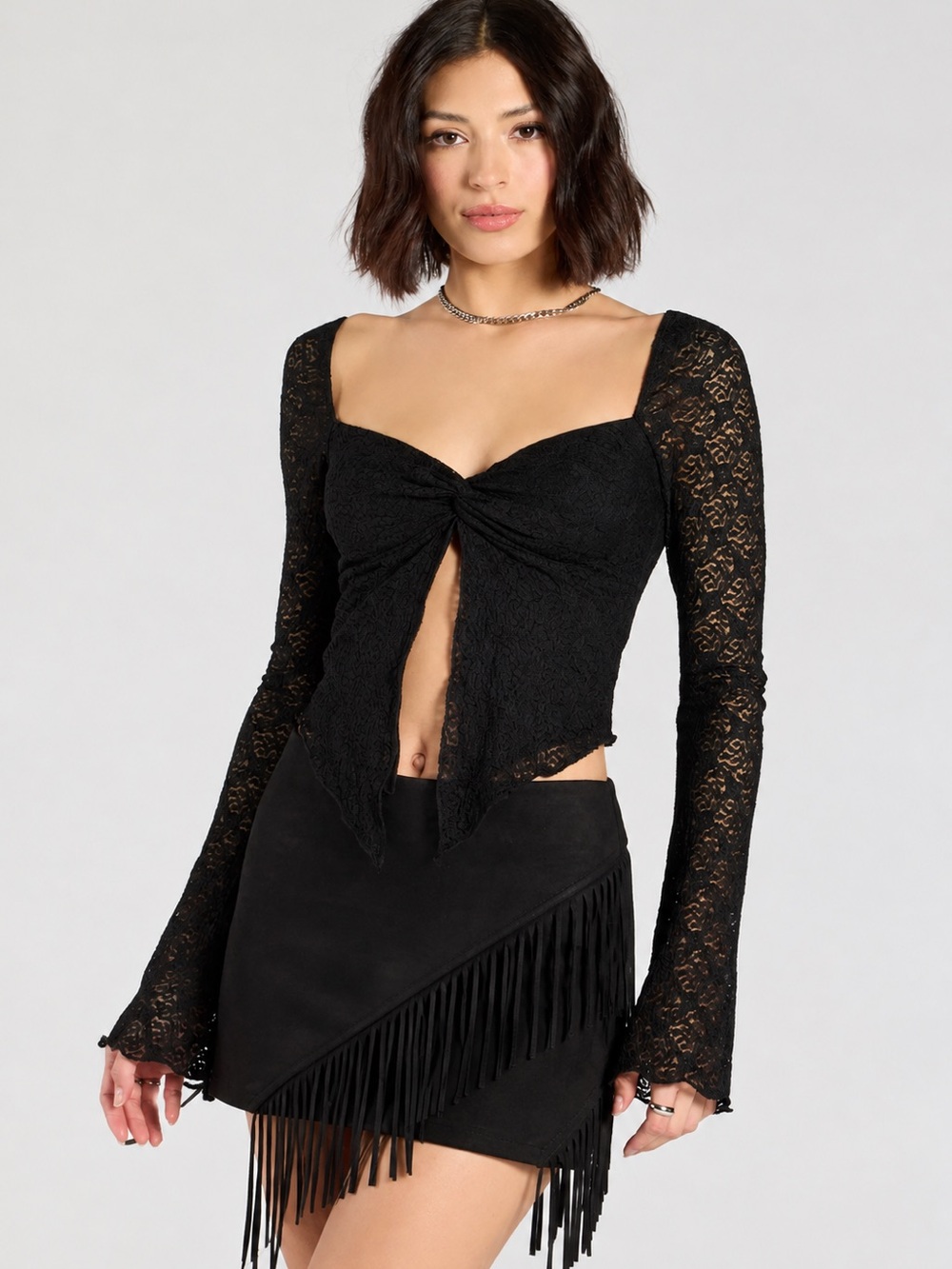 Windsor Black Faux Suede Fringed Mini Skirt